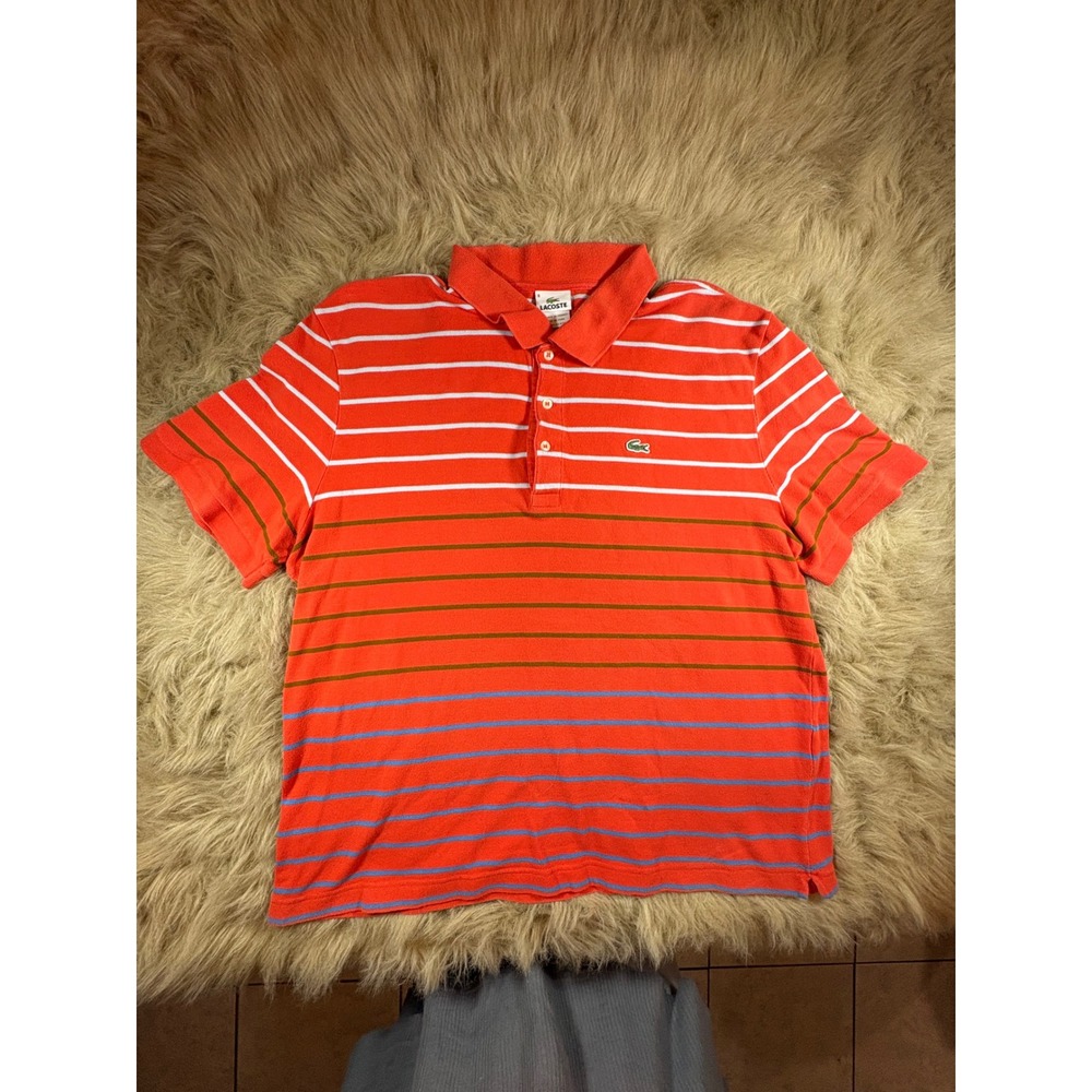 Lacoste Men's Polo Shirt Size 8 XL/XXL Orange Striped 100% Cotton Crocodile